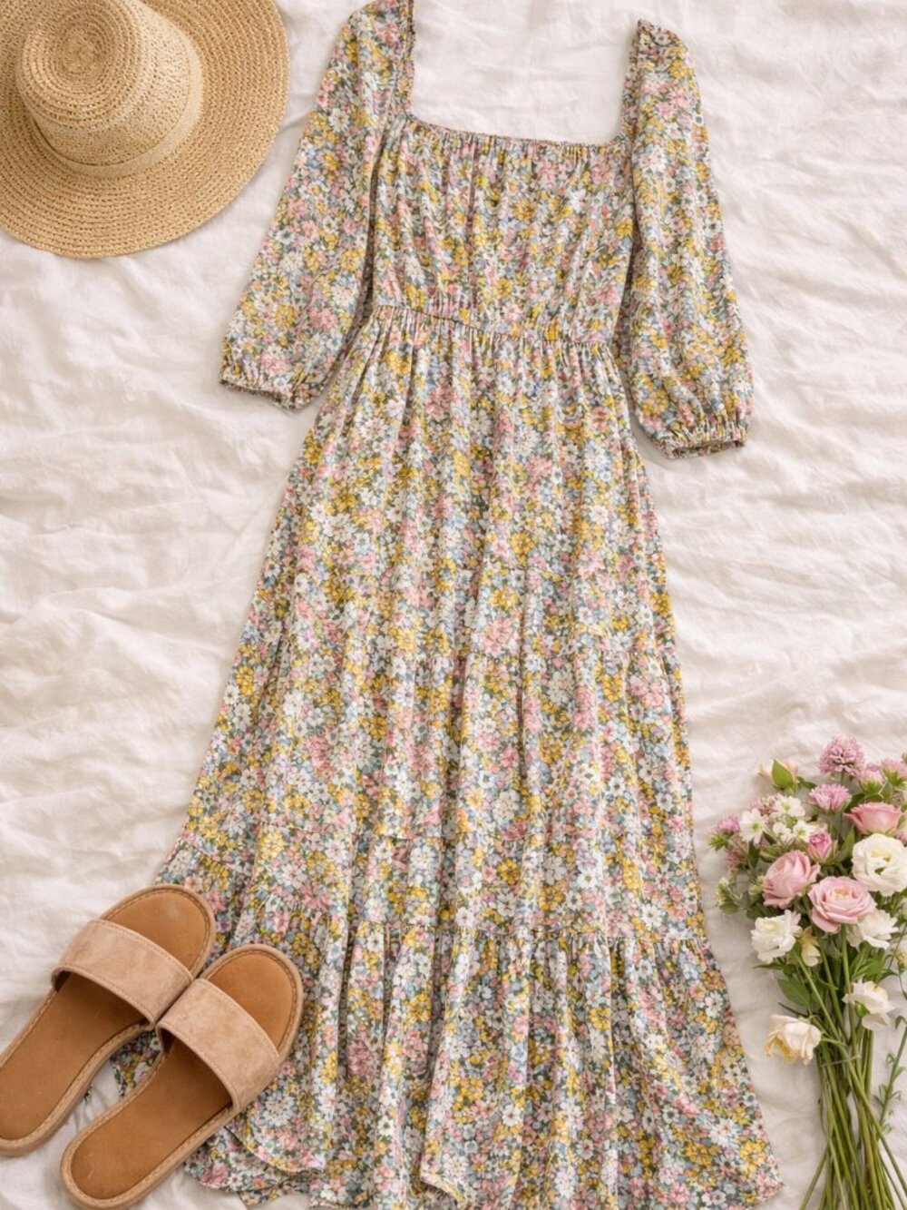 Elloh Floral Maxi Dress M Smocked Cottagecore Square Neck Boho